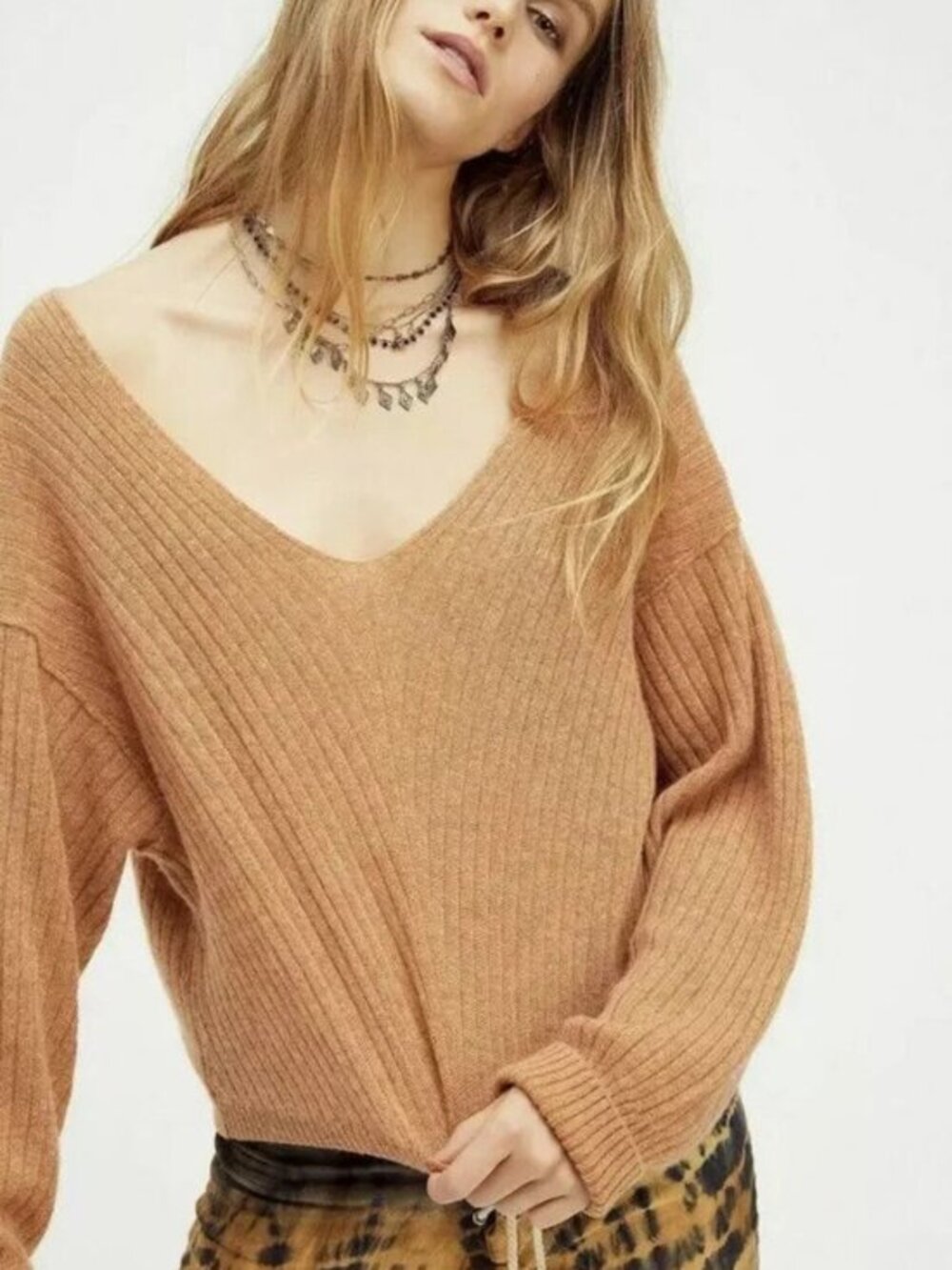 Free People Elias V Neck Ribbed Cashmere Sweater L Cinnamon Orange